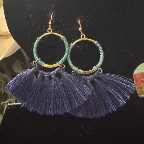 Blue and Turquoise Tassel Fan Earrings - Picture 3 of 3